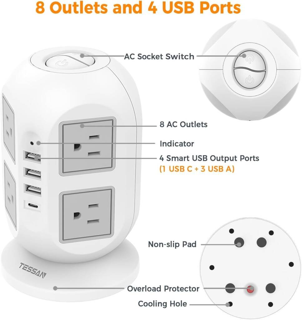 TESSAN Tower Surge Protector Power 10 ft Strip.