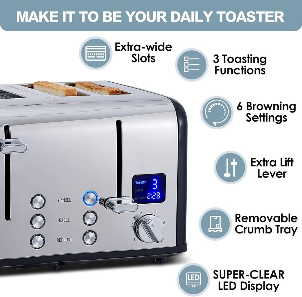 "Unleash Perfect Toast Every Morning with the CUSIMAX 4-Slice Stainless Steel Toaster - Featuring Ultra-Clear LED Display & Extra-Wide Slots"