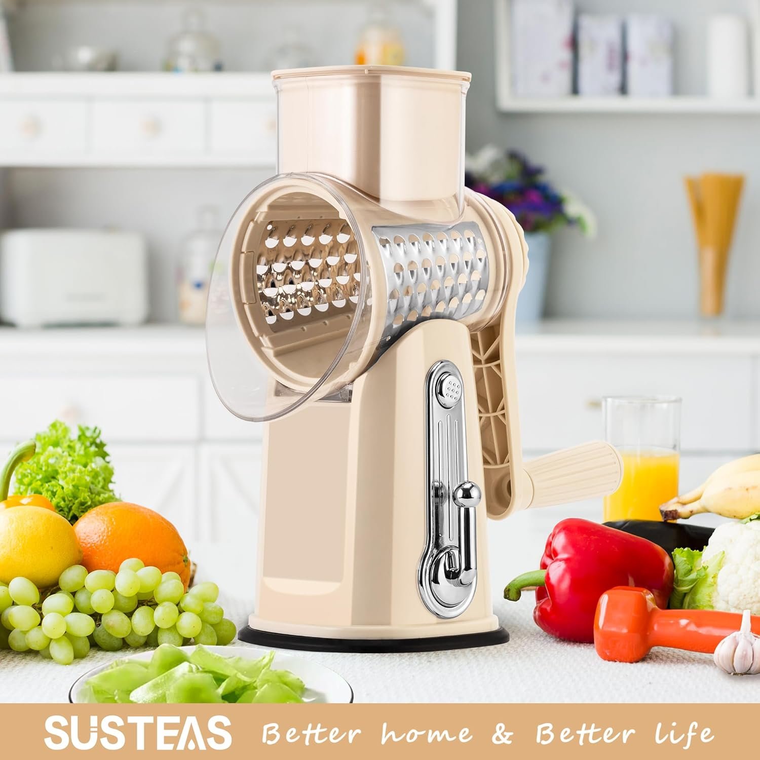 "Effortlessly Grate with the Powerful SUSTEAS Rotary Cheese Grater - Featuring 5 Precision-Engineered Blades"