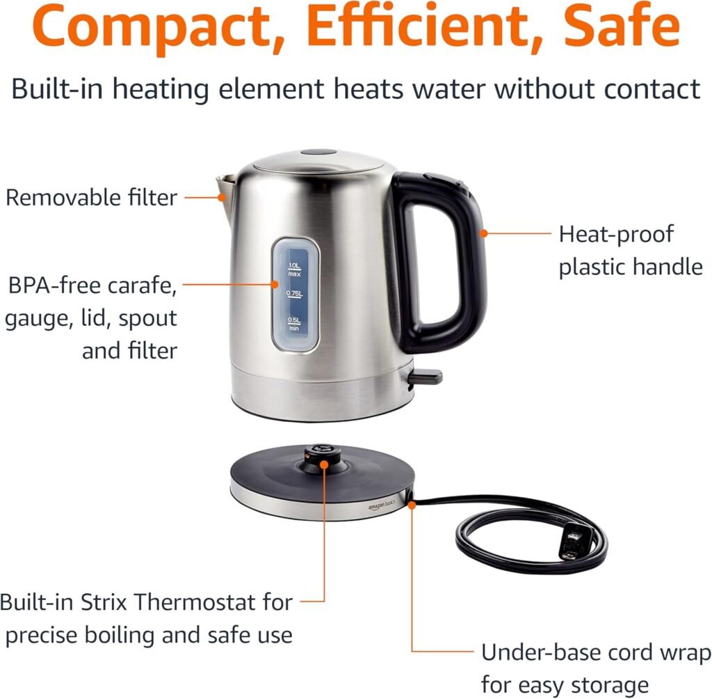 "Effortless and Safe Boiling with the Amazon Basics 1500W Electric Tea Kettle – No More Waiting for Hot Water, Coffee & Tea!"