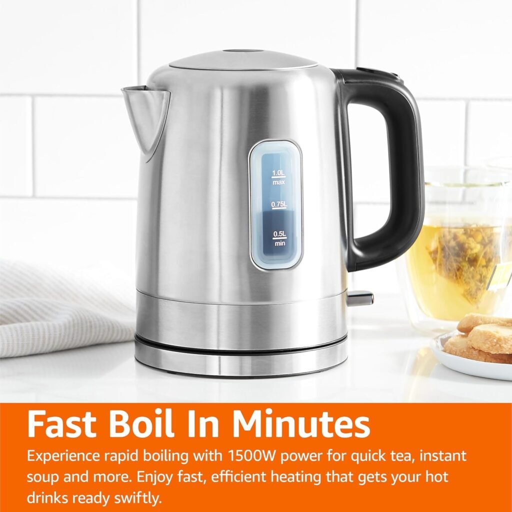 "Effortless and Safe Boiling with the Amazon Basics 1500W Electric Tea Kettle – No More Waiting for Hot Water, Coffee & Tea!"